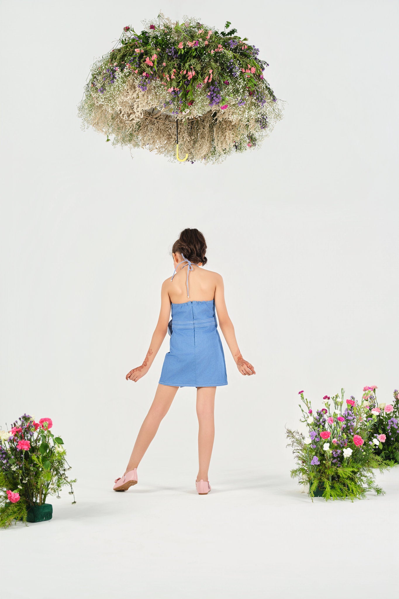 Rosette Ruffle Denim Dress